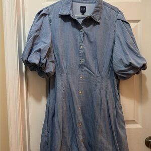 GAP Light Blue Asymmetrical Button-Front Dress with Puff Sleeves